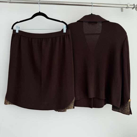 Vintage St John Evening Skirt Suit Set 16 14 Brown Santana Knit Rhinestone Luxur - Picture 9 of 12